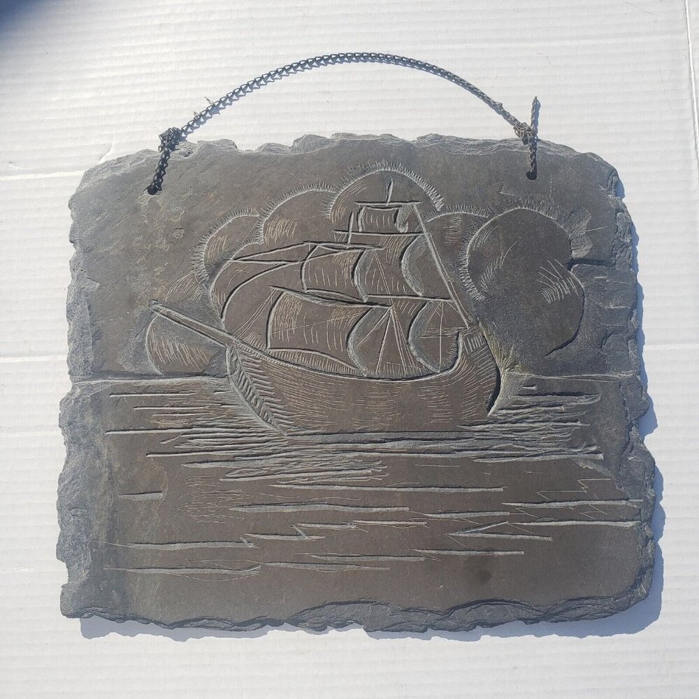 Vintage Slate Etching Ship Sail Boat Sailing Vessel Barque Schooner Nautical‎